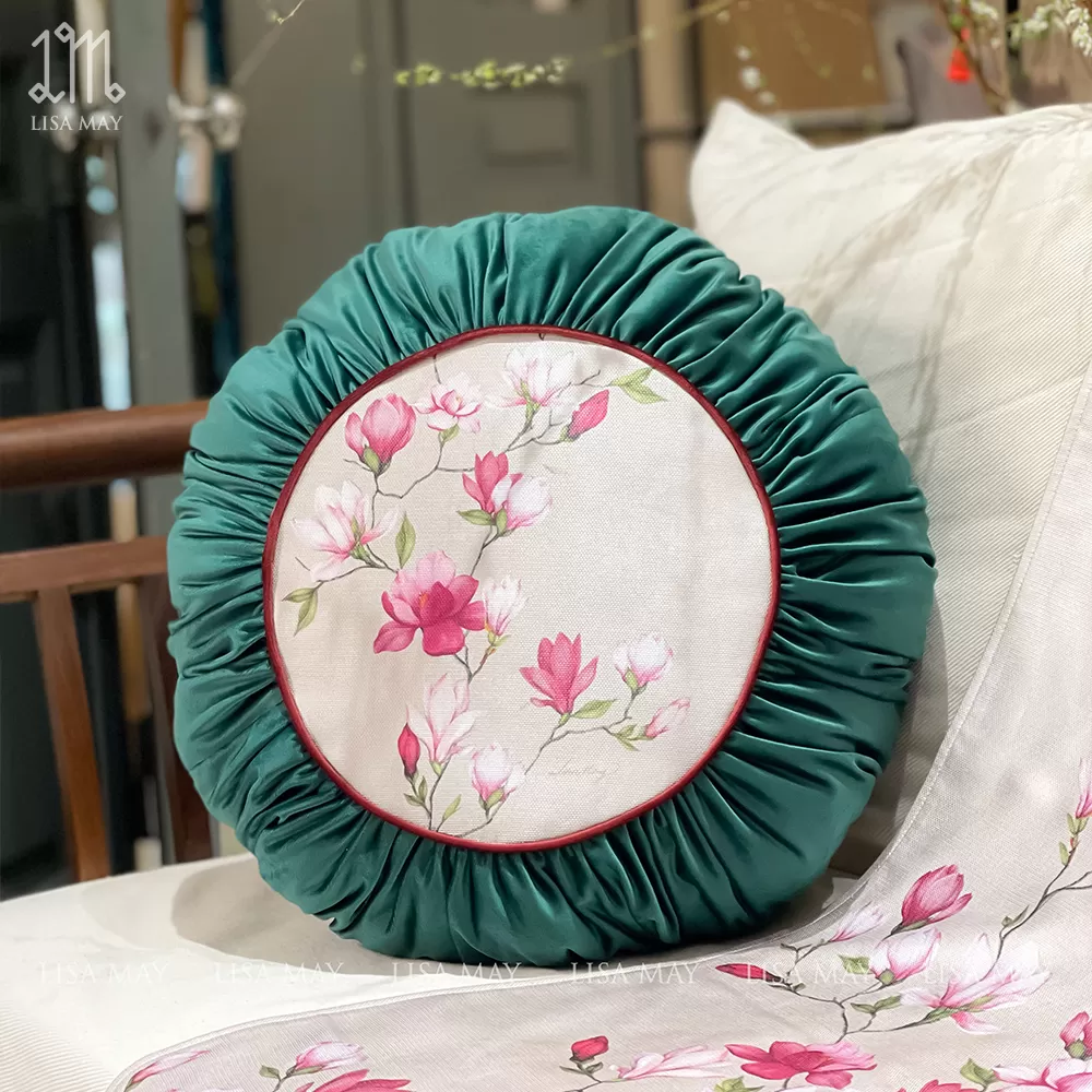 Gối tròn thiết kế họa tiết hoa mộc lan đáp nhung (DG-ML01a)