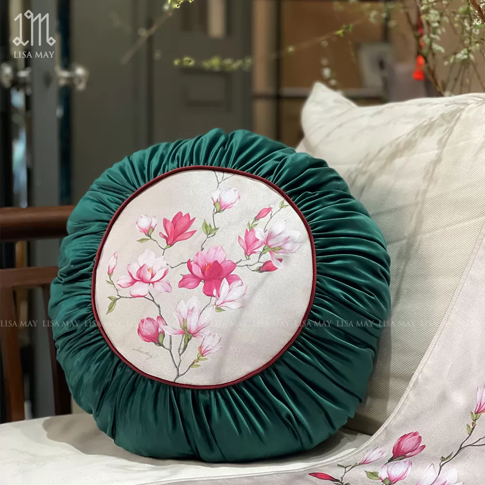 Gối tròn thiết kế họa tiết hoa mộc lan đáp nhung (DG-ML01c)
