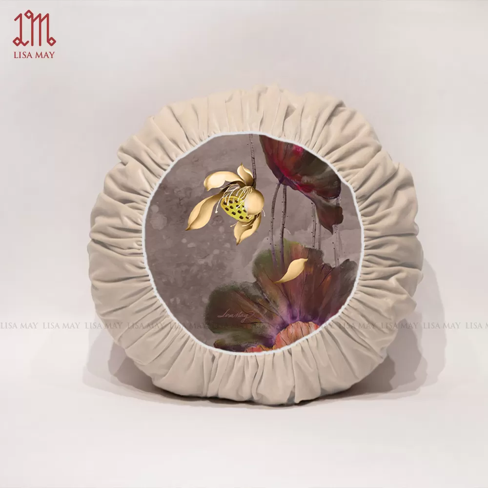 Gối tròn thiết kế họa tiết hoa sen đáp nhung (DG-SVT1a)