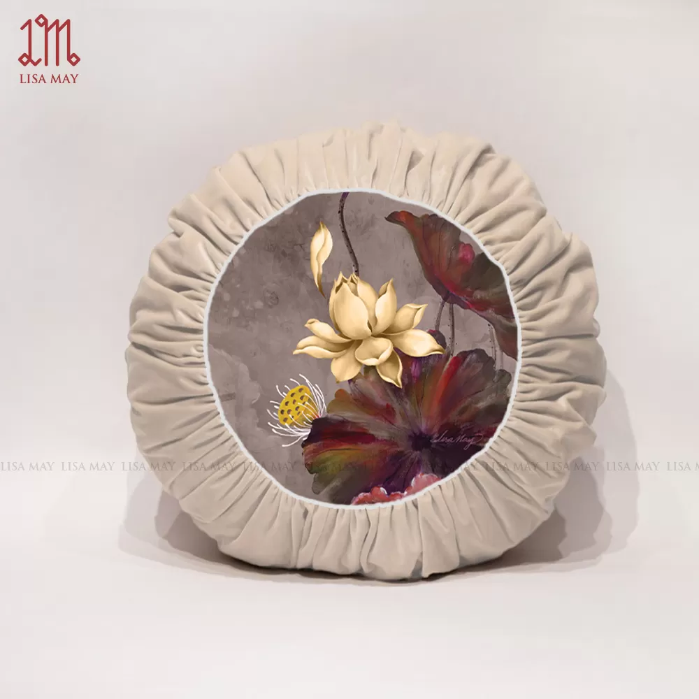 Gối tròn thiết kế họa tiết hoa sen đáp nhung (DG-SVT1b)