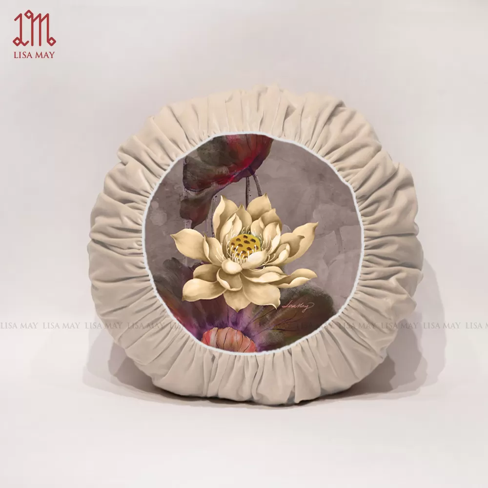 Gối tròn thiết kế họa tiết hoa sen đáp nhung (DG-SVT1d)