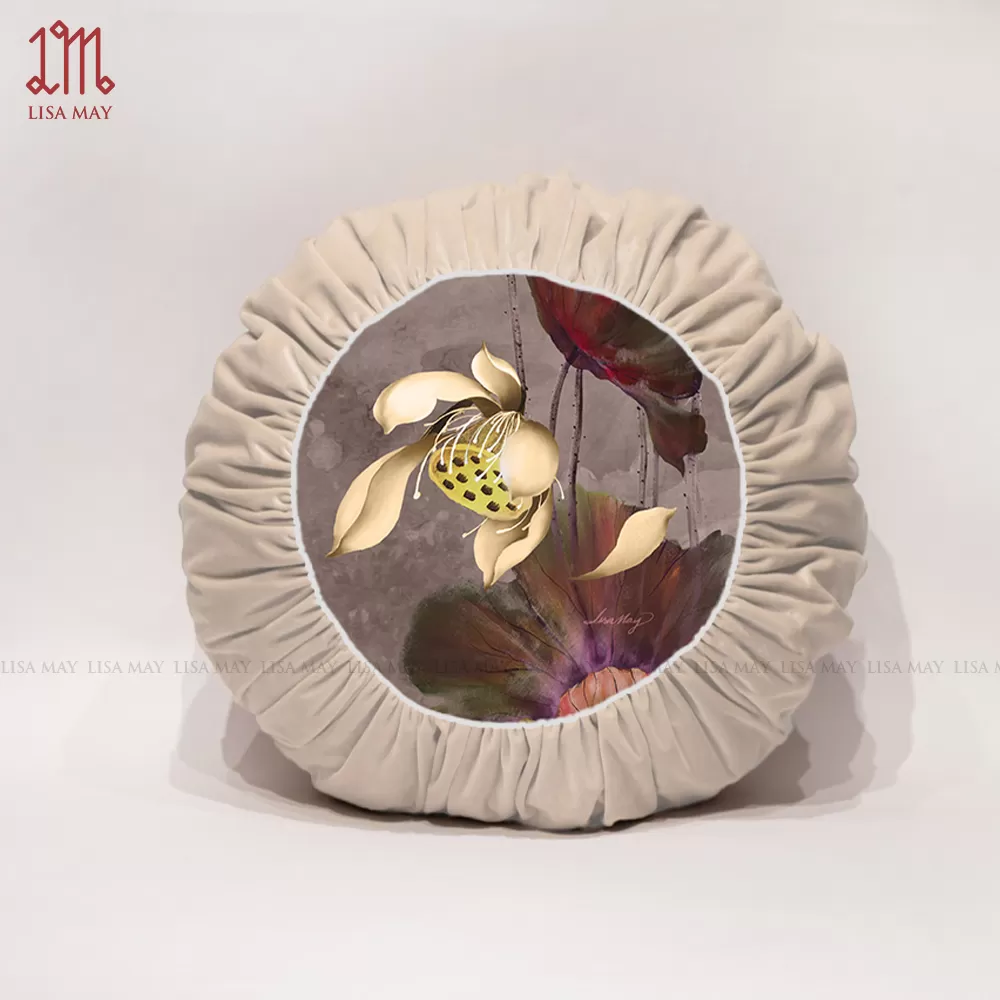 Gối tròn thiết kế họa tiết hoa sen đáp nhung (DG-SVT1e)