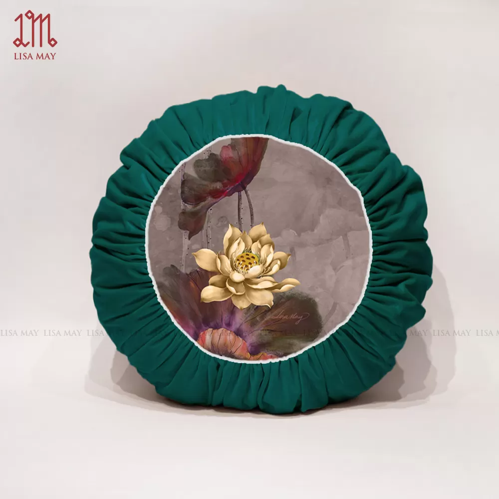 Gối tròn thiết kế họa tiết hoa sen đáp nhung (DG-SVT1c)