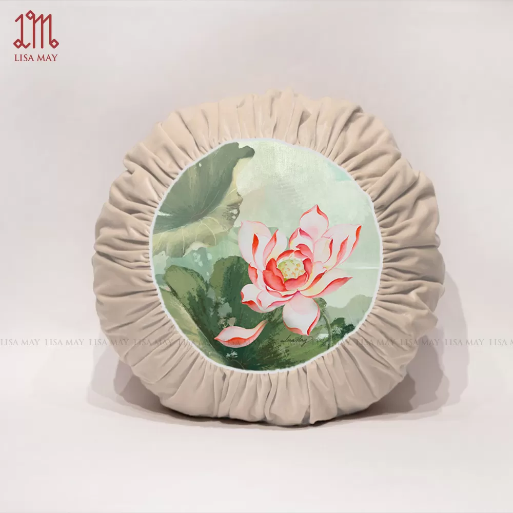 Gối tròn thiết kế họa tiết hoa sen hồng đáp nhung (DG-SH1b)