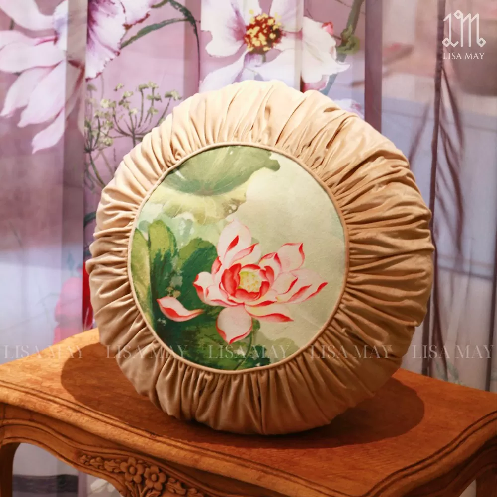 Gối tròn thiết kế họa tiết hoa sen hồng đáp nhung (DG-SH1b)