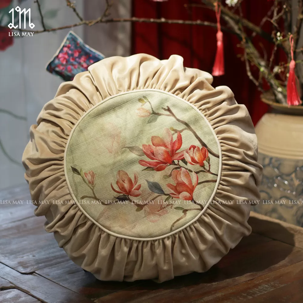 Gối tròn thiết kế họa tiết hoa mộc lan (DG-ML04d)