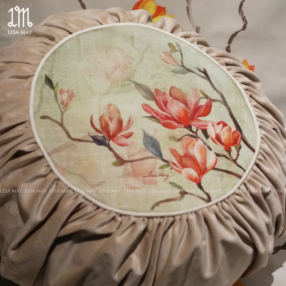 Gối tròn thiết kế họa tiết hoa mộc lan (DG-ML04d)