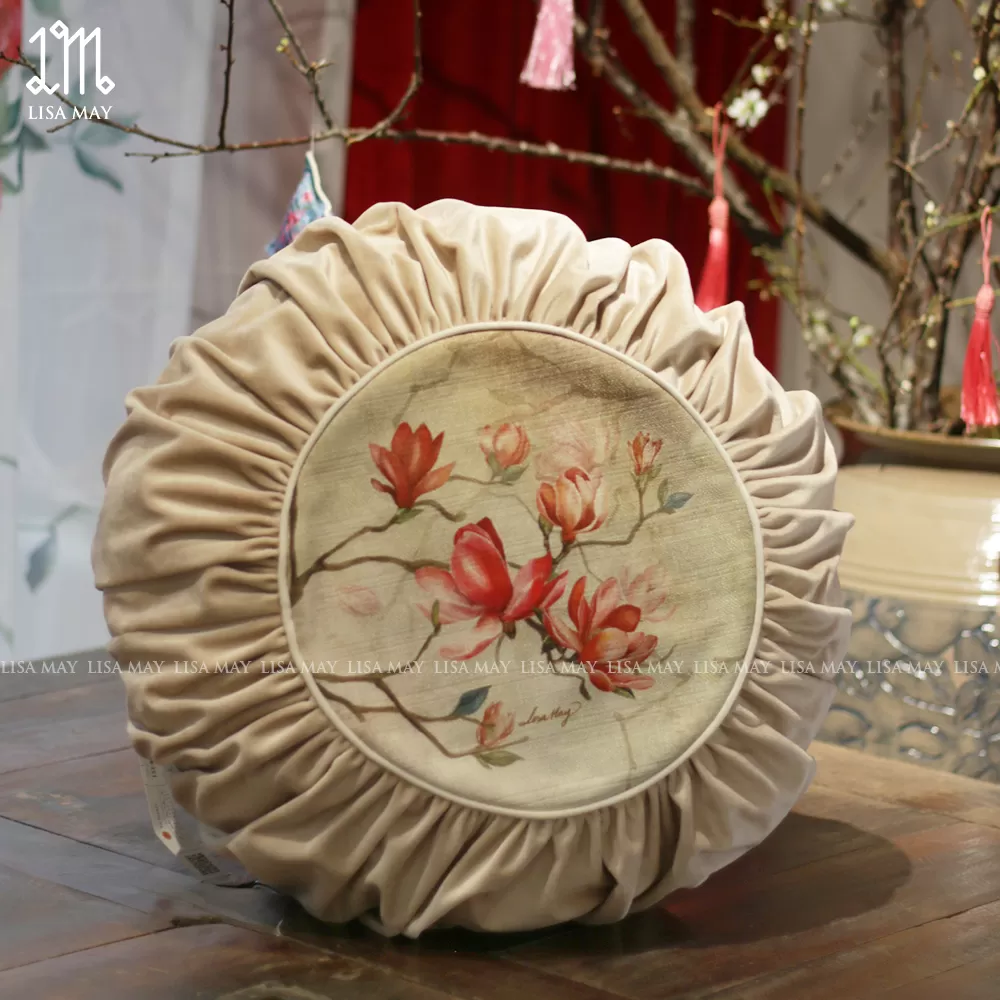 Gối tròn thiết kế họa tiết hoa mộc lan (DG-ML04e)