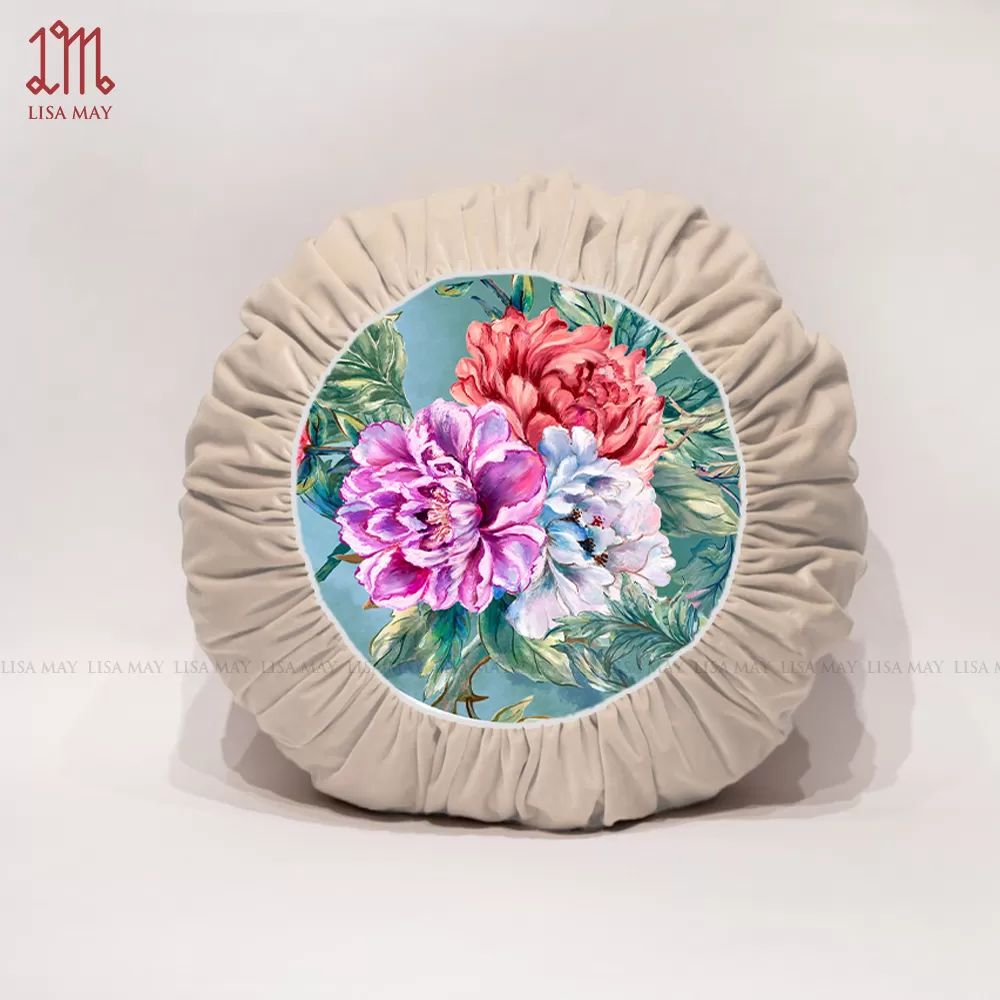 Gối tròn thiết kế họa tiết mẫu đơn khổng tước đáp nhung (DG-CP1a)