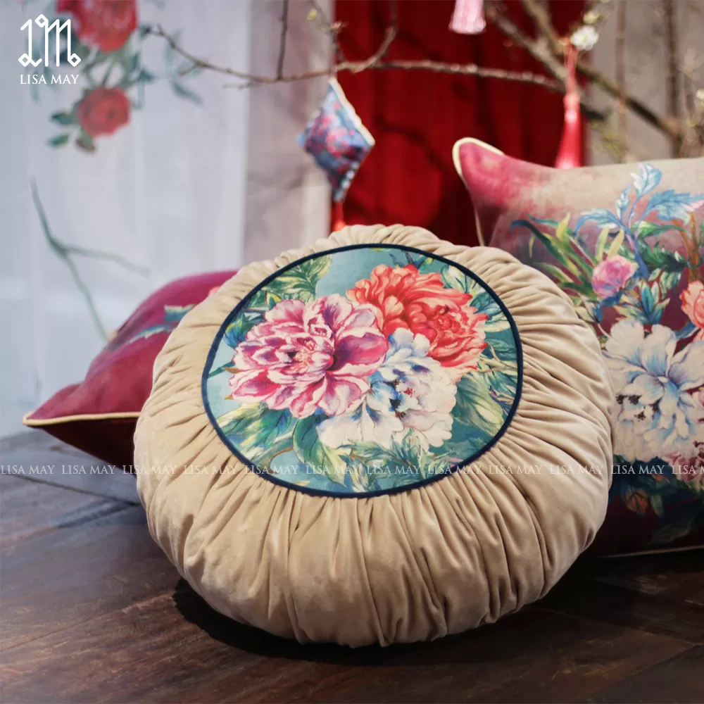 Gối tròn thiết kế họa tiết mẫu đơn khổng tước đáp nhung (DG-CP1a)