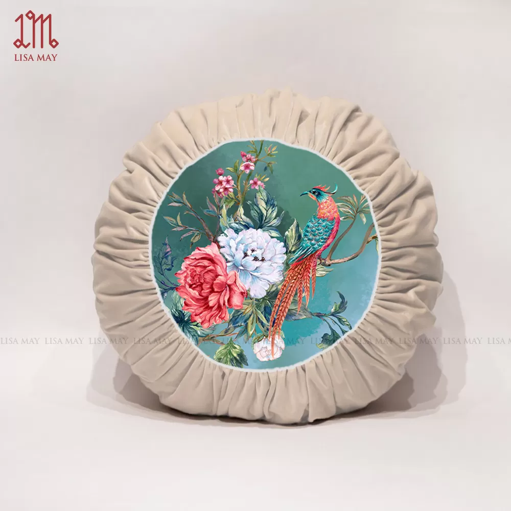Gối tròn thiết kế họa tiết mẫu đơn khổng tước đáp nhung (DG-CP1b)