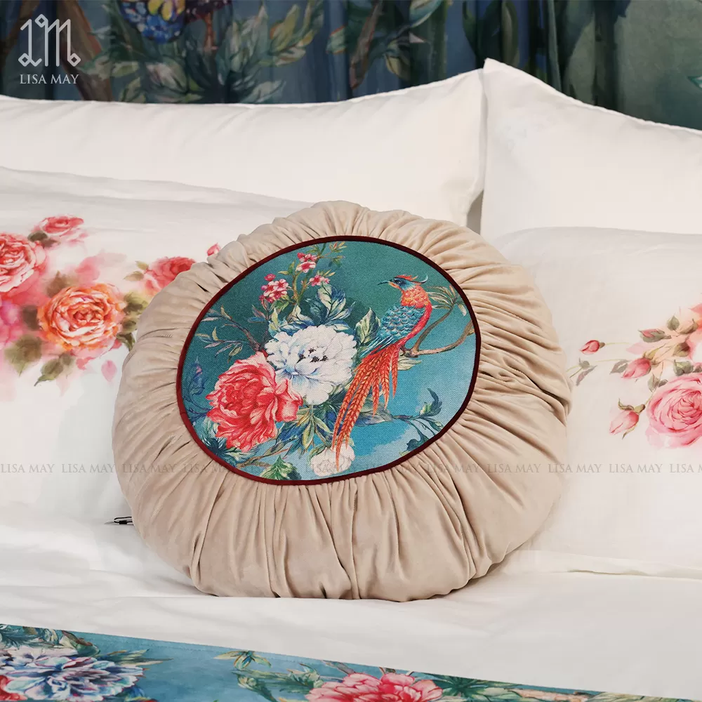 Gối tròn thiết kế họa tiết mẫu đơn khổng tước đáp nhung (DG-CP1b)