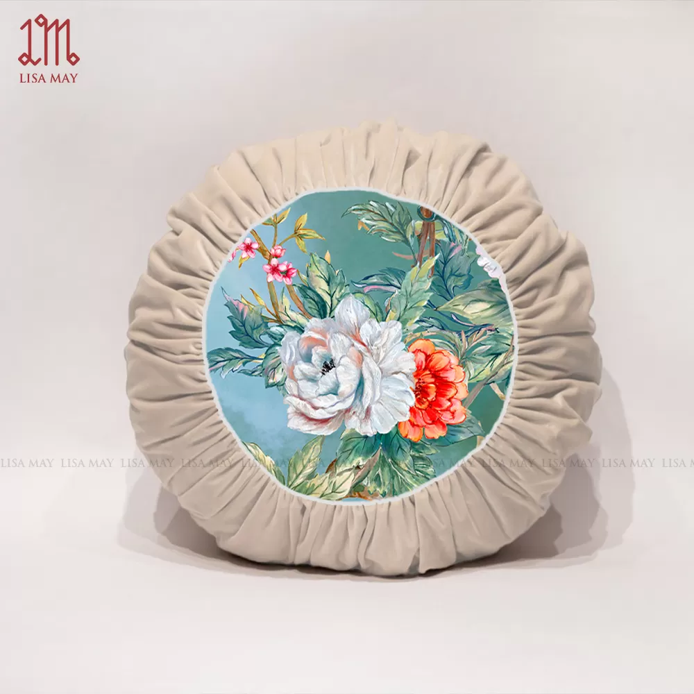 Gối tròn thiết kế họa tiết mẫu đơn khổng tước đáp nhung (DG-CP1c)