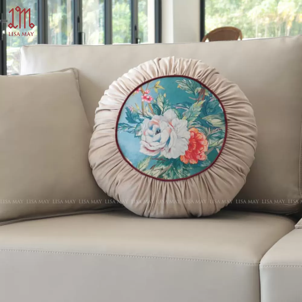 Gối tròn thiết kế họa tiết mẫu đơn khổng tước đáp nhung (DG-CP1c)