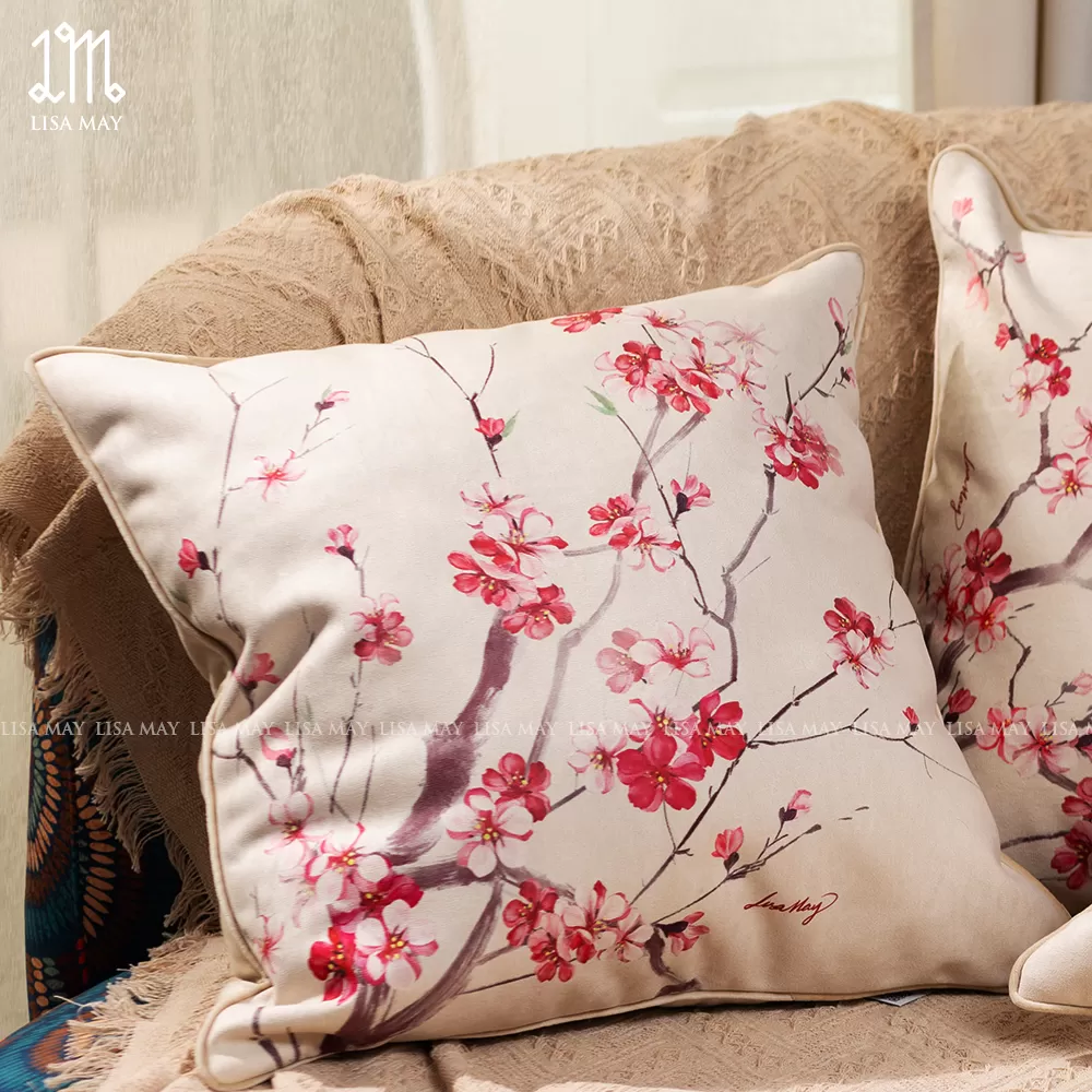 Gối vuông thiết kế họa tiết hoa đào (DG-HD01f)