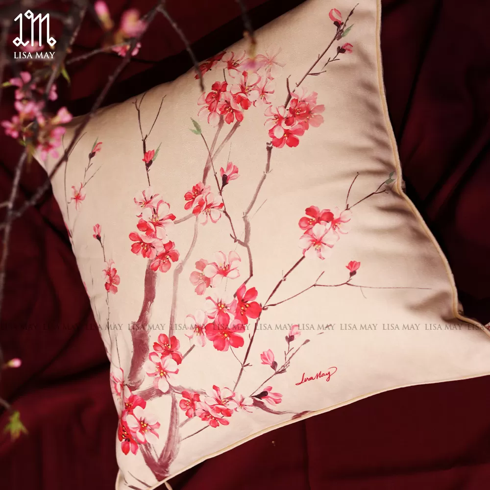 Gối vuông thiết kế họa tiết hoa đào (DG-HD01f)