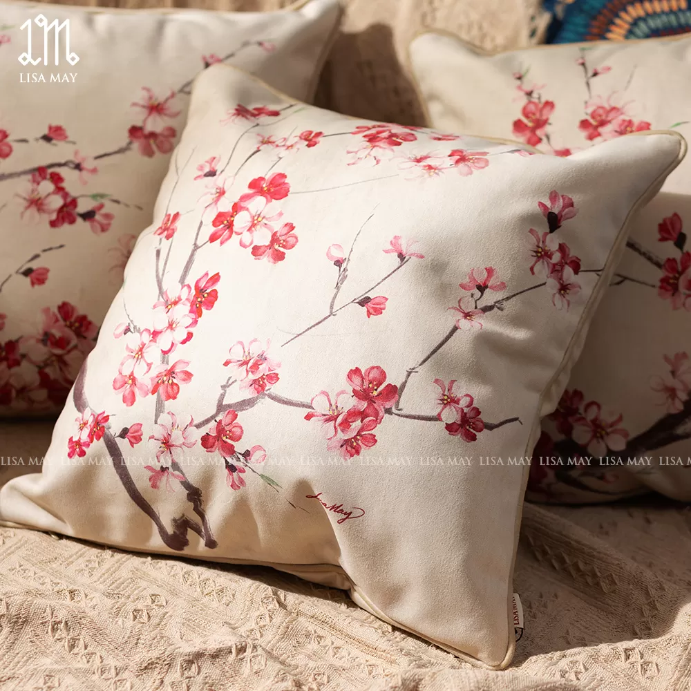Gối vuông thiết kế họa tiết hoa đào (DG-HD01g)