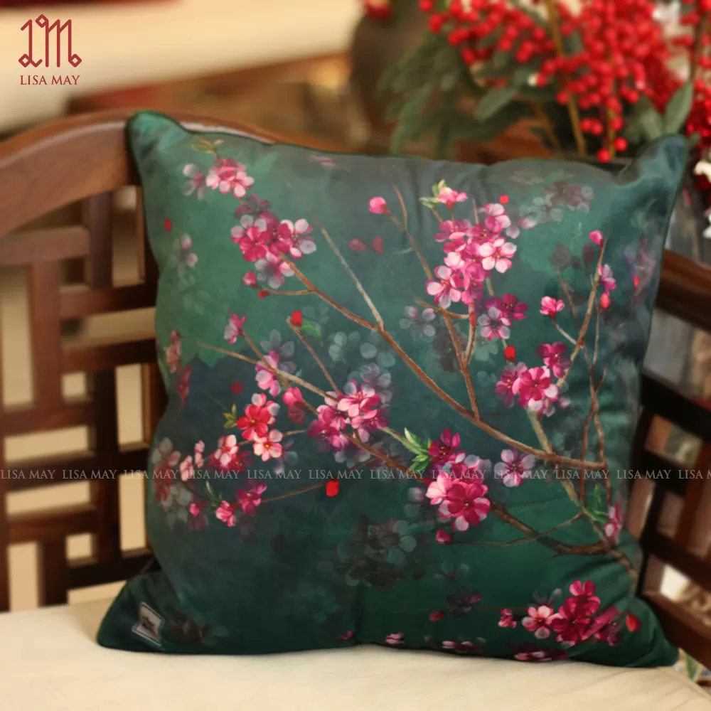 Gối vuông thiết kế họa tiết hoa đào (DG-HD2a)