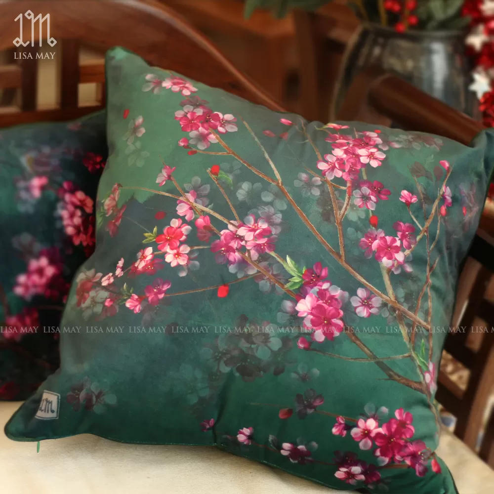Gối vuông thiết kế họa tiết hoa đào (DG-HD2a)