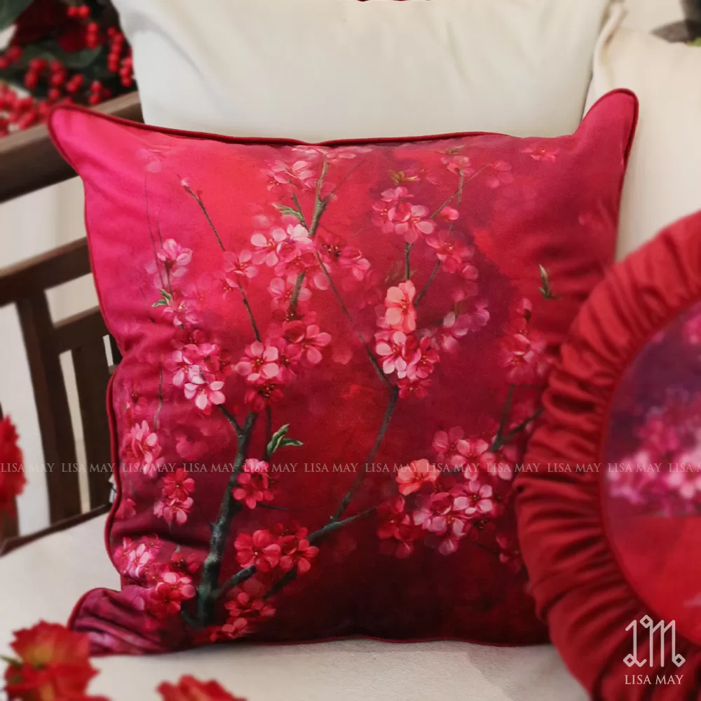 Gối vuông thiết kế họa tiết hoa đào (DG-HD2b)