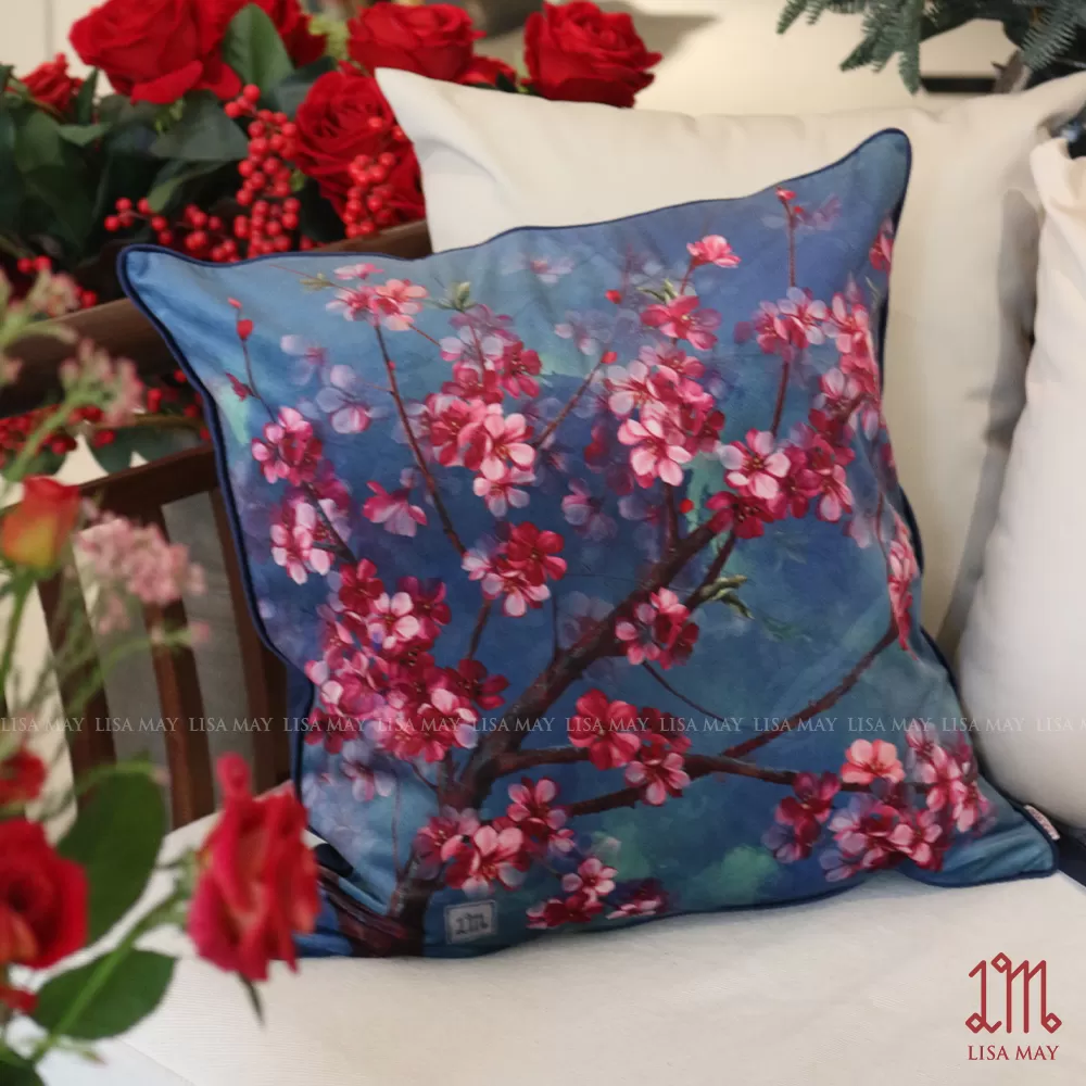 Gối vuông thiết kế họa tiết hoa đào (DG-HD2c)