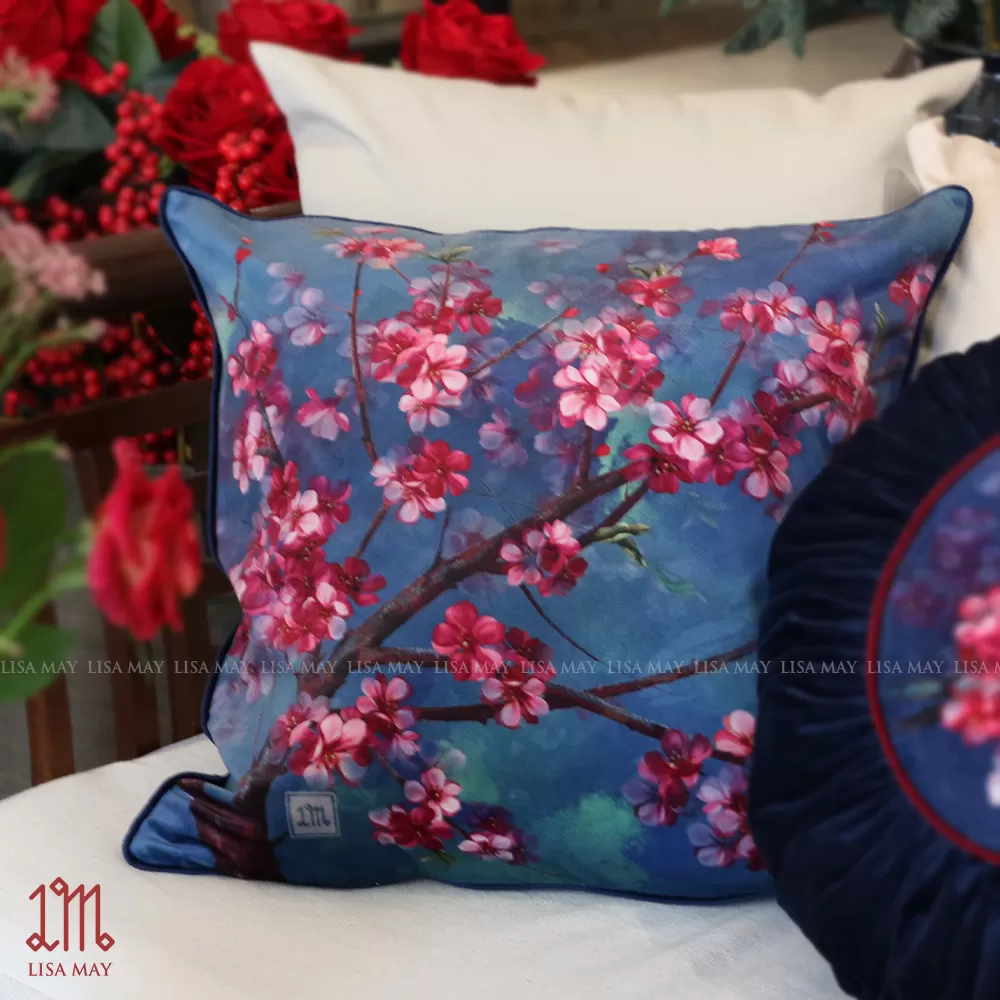 Gối vuông thiết kế họa tiết hoa đào (DG-HD2c)