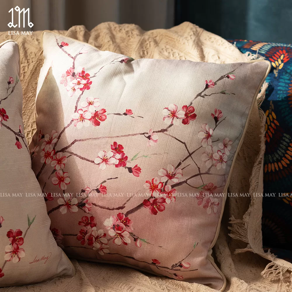 Gối vuông thiết kế họa tiết hoa đào (DG-HD6a)