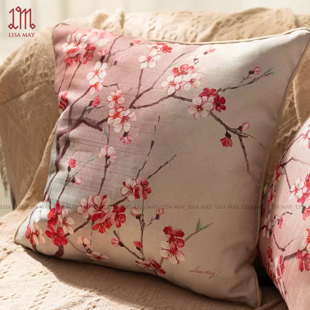 Gối vuông thiết kế họa tiết hoa đào (DG-HD6b)