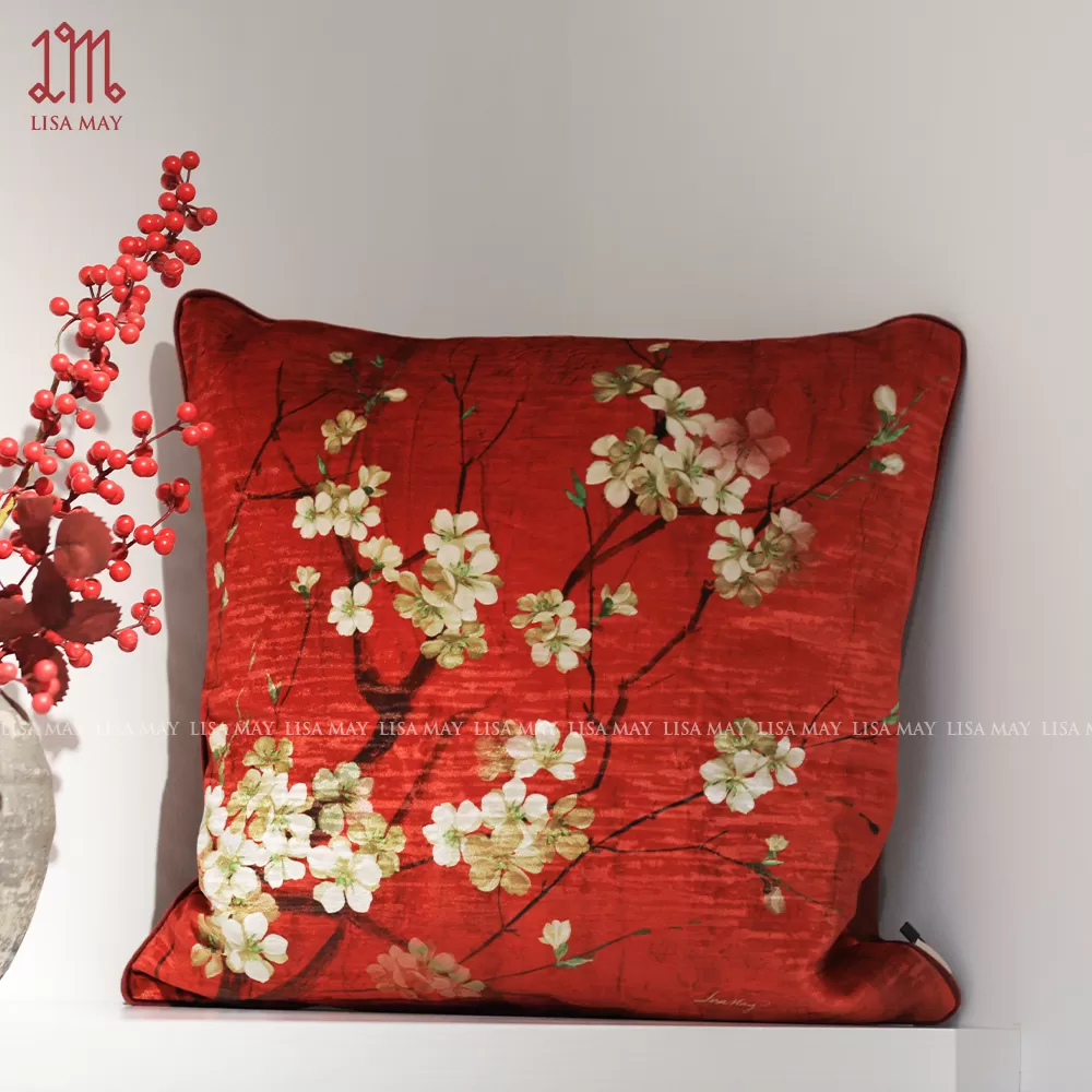 Gối vuông thiết kế họa tiết hoa đào (DG-HD7d)