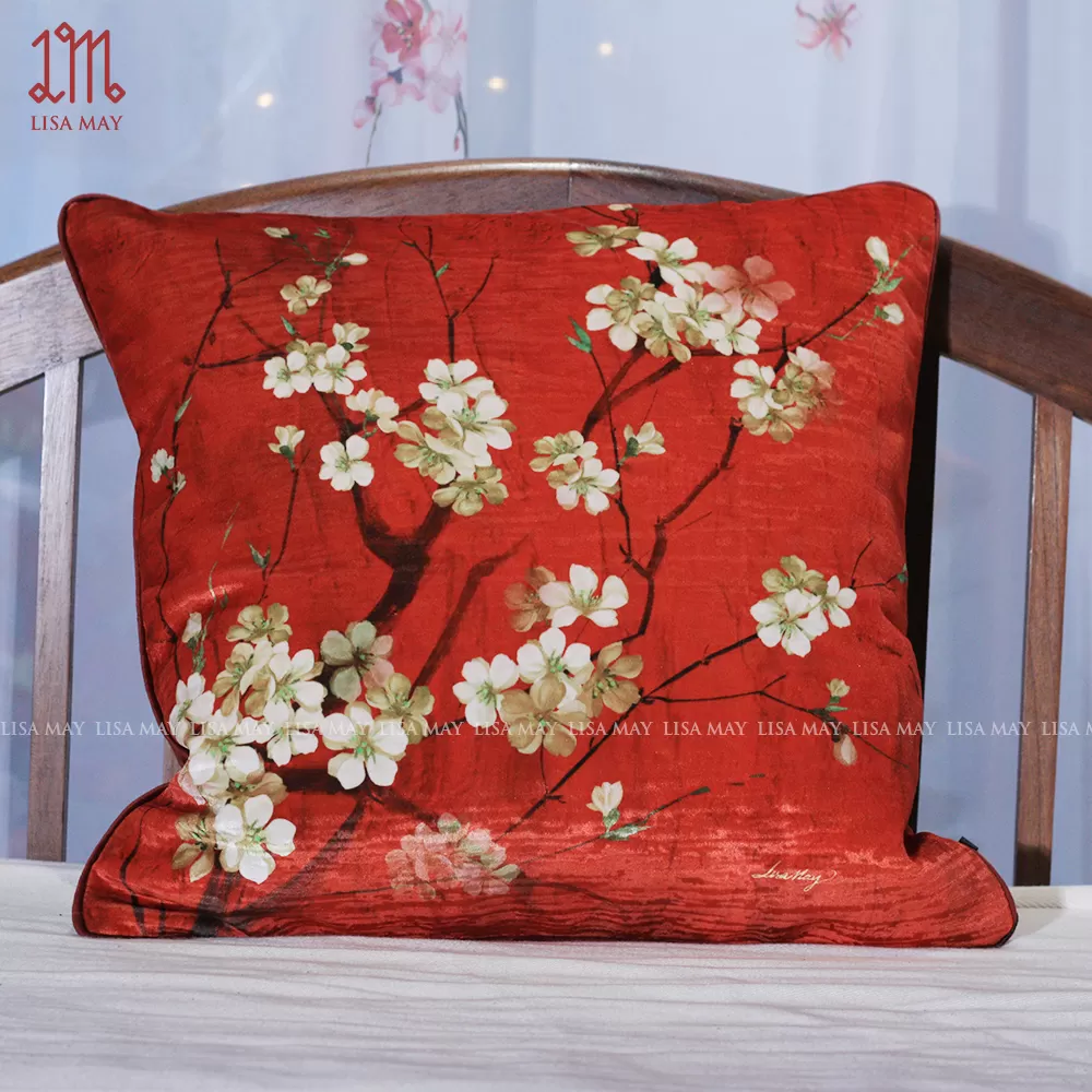 Gối vuông thiết kế họa tiết hoa đào (DG-HD7d)