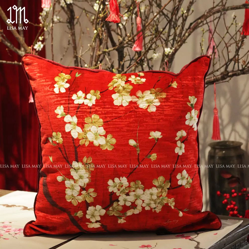 Gối vuông thiết kế họa tiết hoa đào (DG-HD7e)