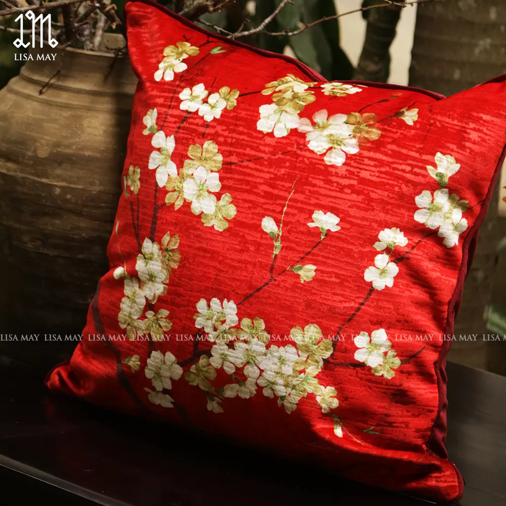 Gối vuông thiết kế họa tiết hoa đào (DG-HD7e)