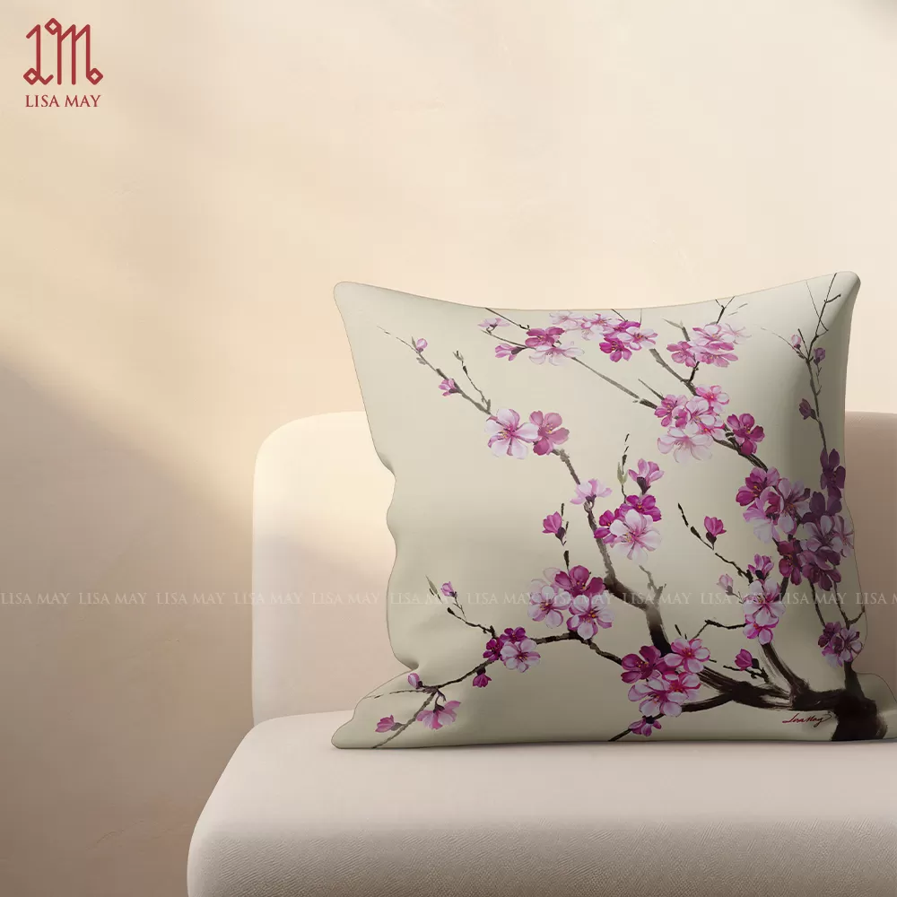 Gối vuông thiết kế họa tiết hoa đào (DG-HD01a)