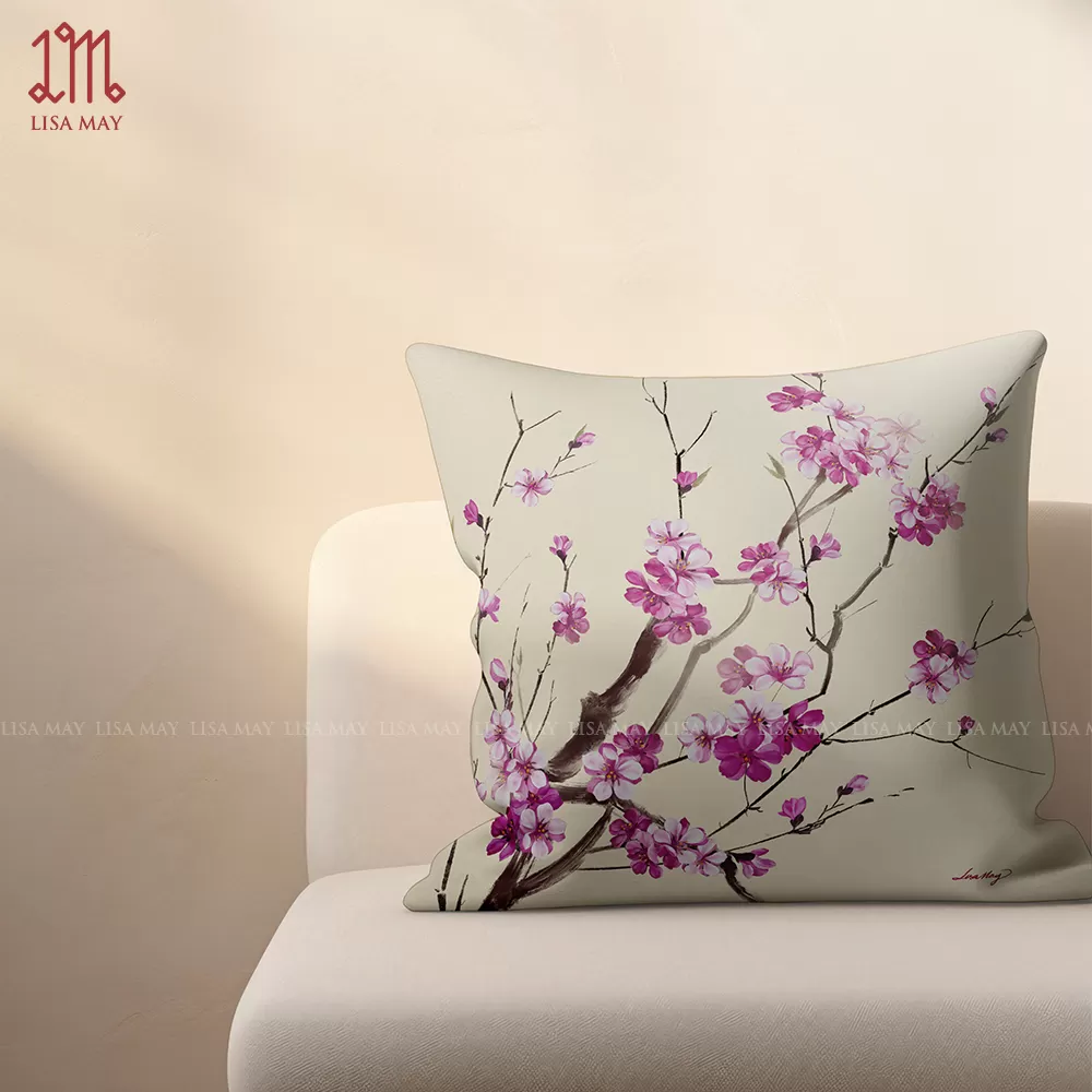 Gối vuông thiết kế họa tiết hoa đào (DG-HD01b)