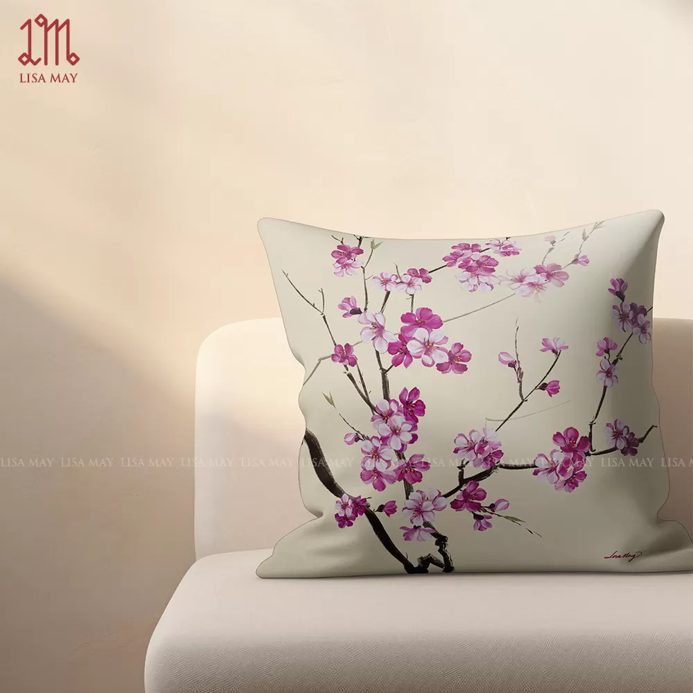 Gối vuông thiết kế họa tiết hoa đào (DG-HD01c)