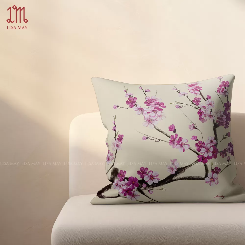 Gối vuông thiết kế họa tiết hoa đào (DG-HD01d)