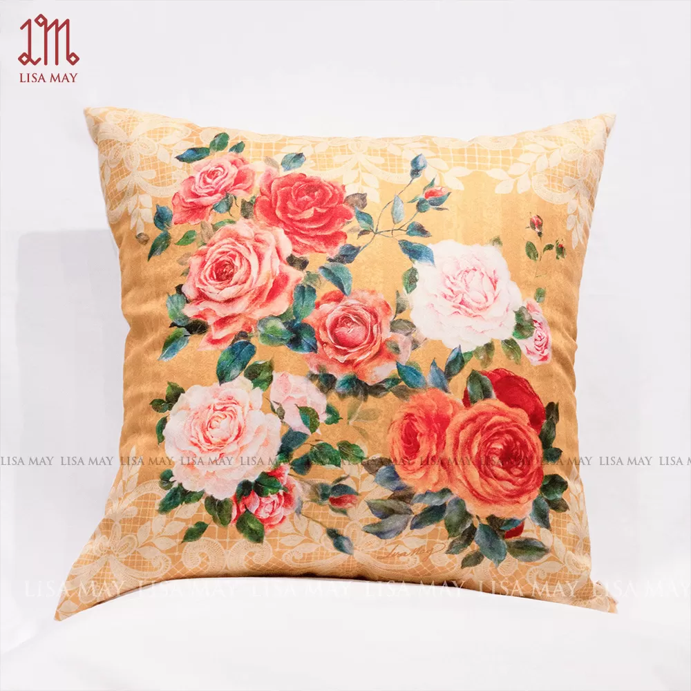 Gối vuông thiết kế họa tiết hoa hồng (DG-HH15b)
