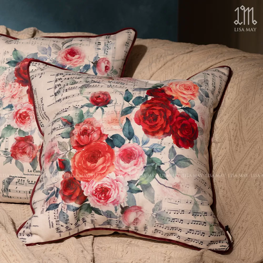 Gối vuông thiết kế họa tiết hoa hồng (DG-HH05c)