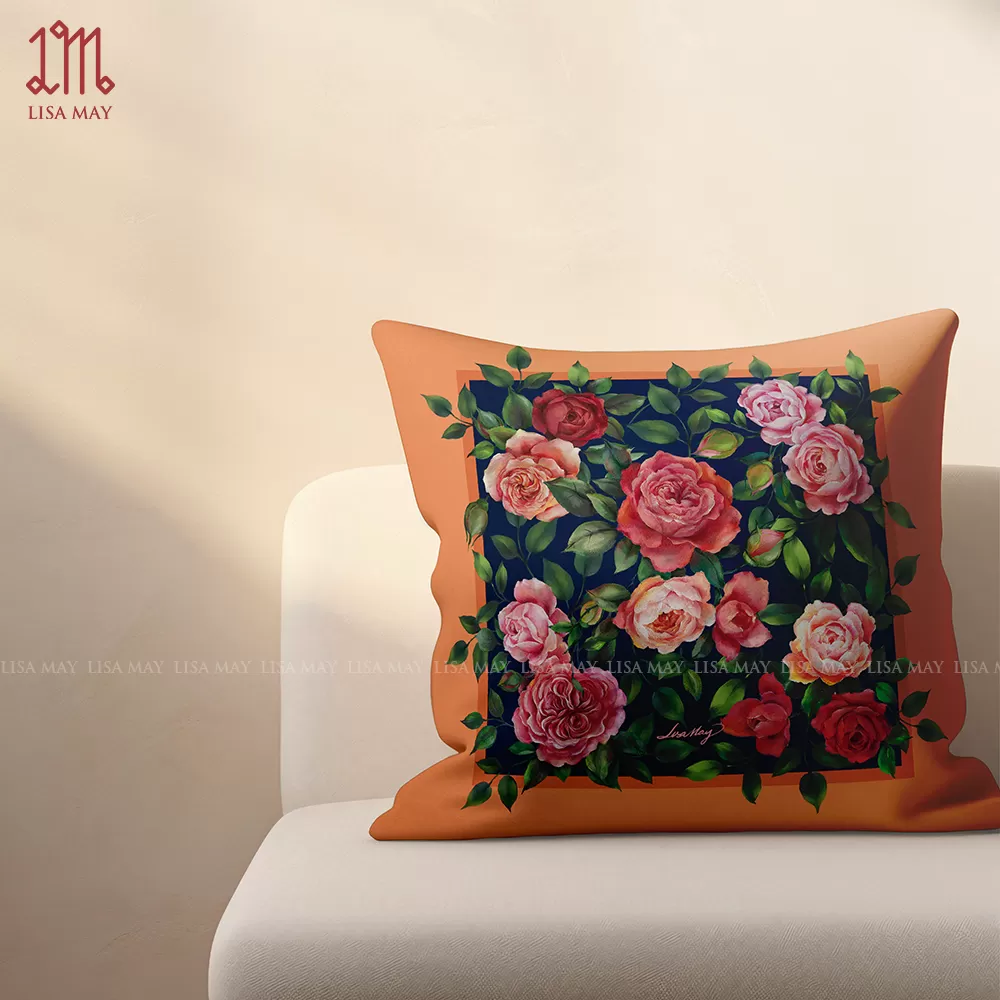 Gối vuông thiết kế họa tiết hoa hồng (DG-HH14a)