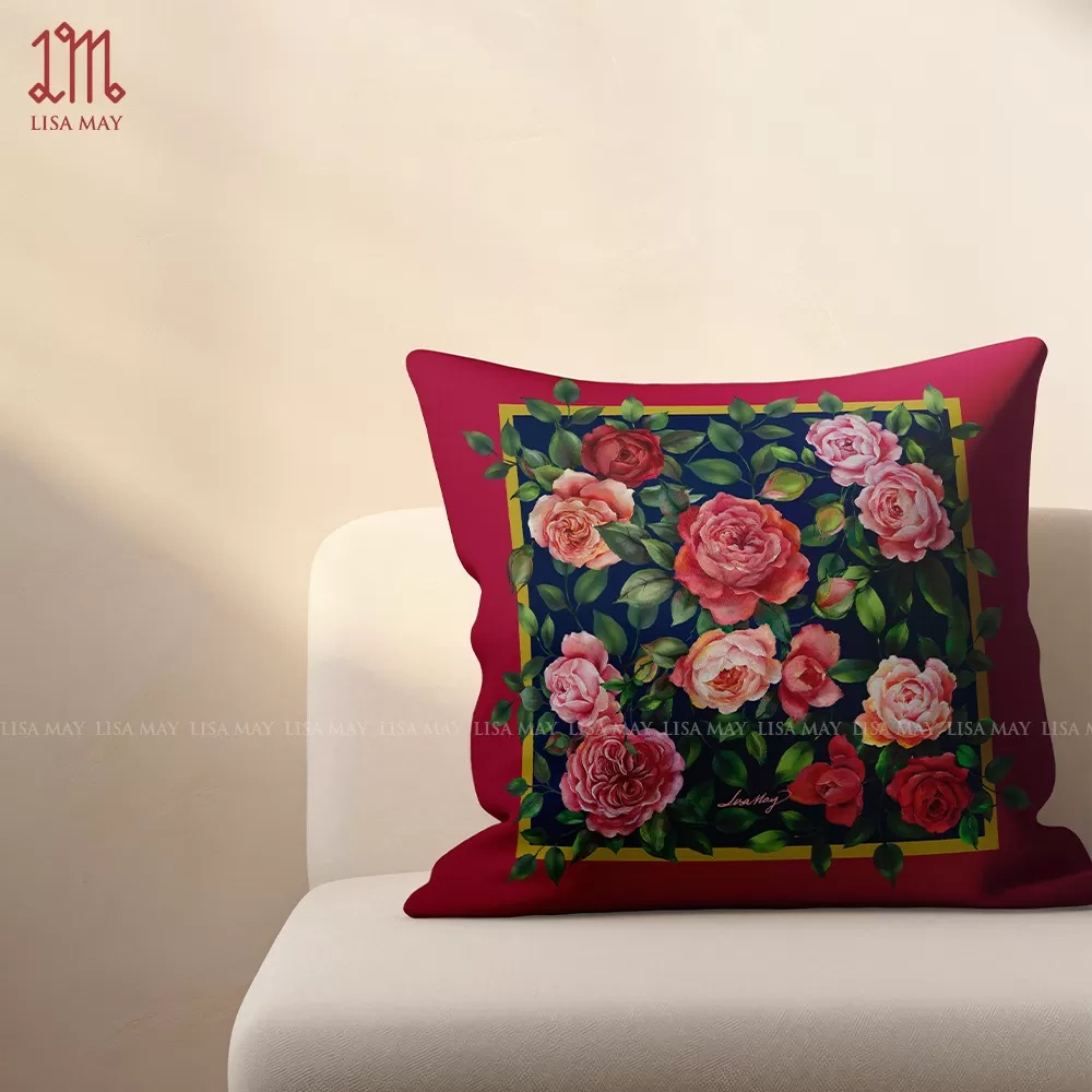 Gối vuông thiết kế họa tiết hoa hồng (DG-HH14b)