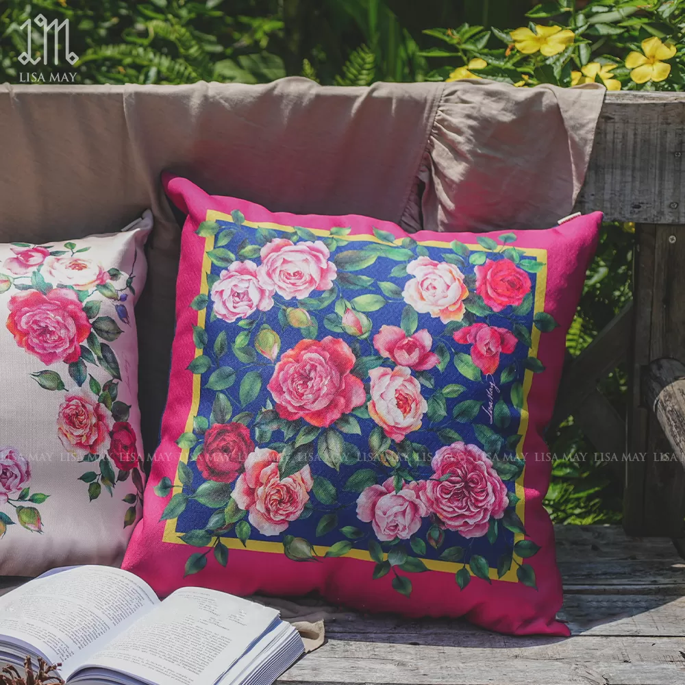 Gối vuông thiết kế họa tiết hoa hồng (DG-HH14b)