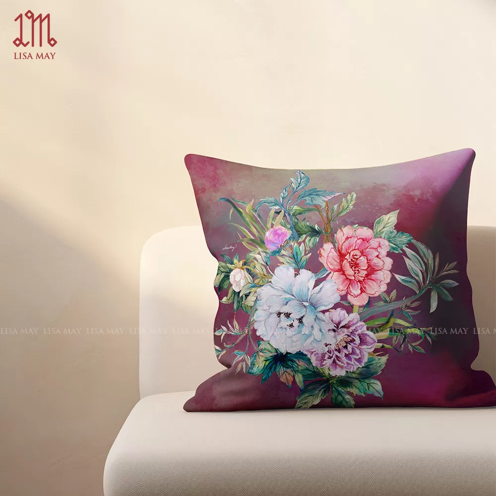 Gối vuông thiết kế họa tiết hoa mẫu đơn (DG-MD1b)