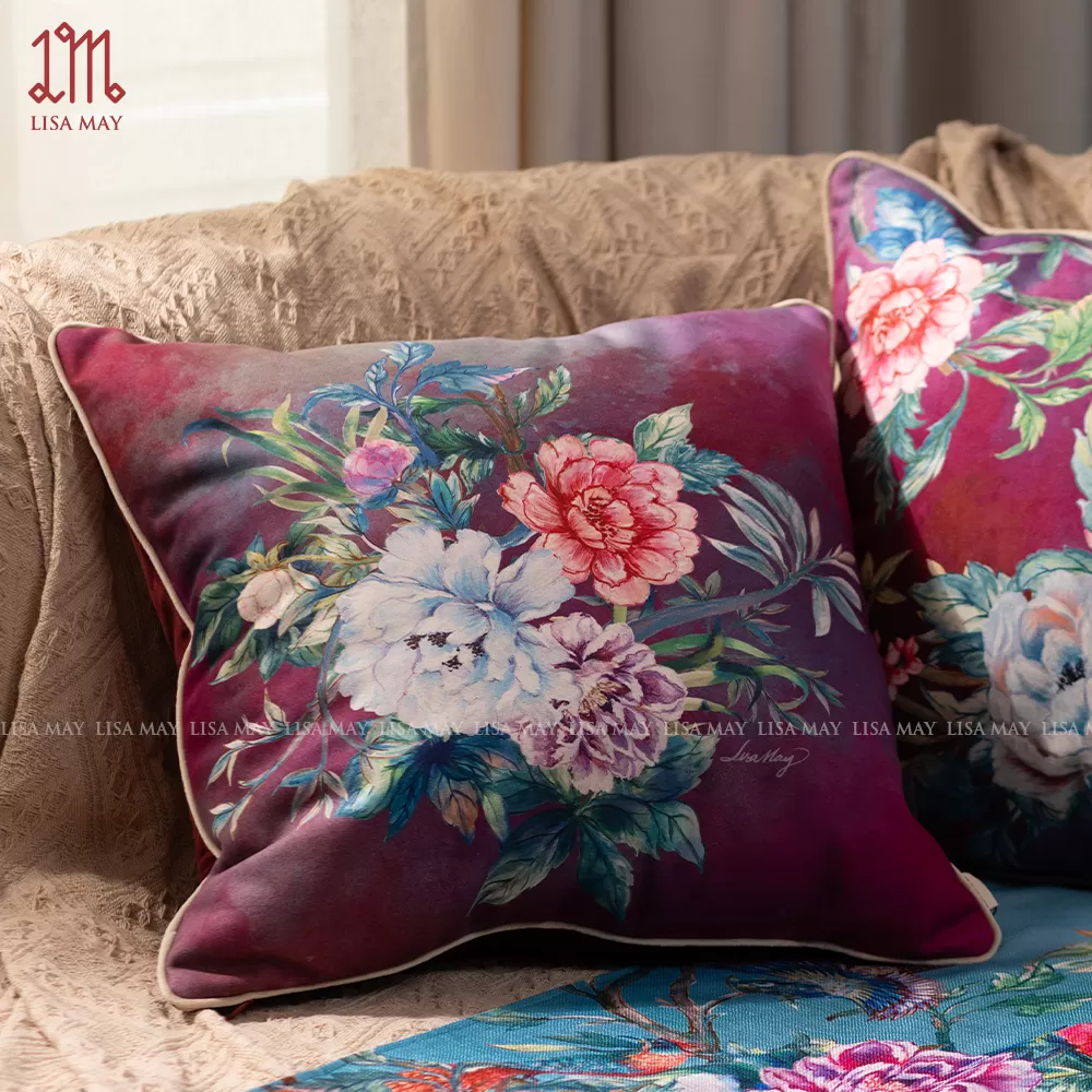 Gối vuông thiết kế họa tiết hoa mẫu đơn (DG-MD1b)