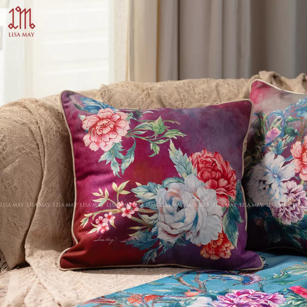 Gối vuông thiết kế họa tiết hoa mẫu đơn (DG-MD1d)