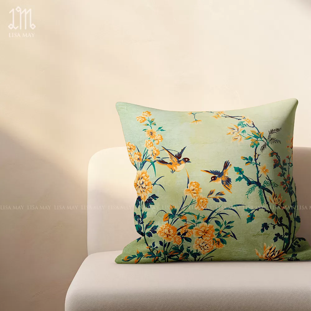 Gối vuông thiết kế họa tiết hoa mẫu đơn vàng (DG-BV01b)