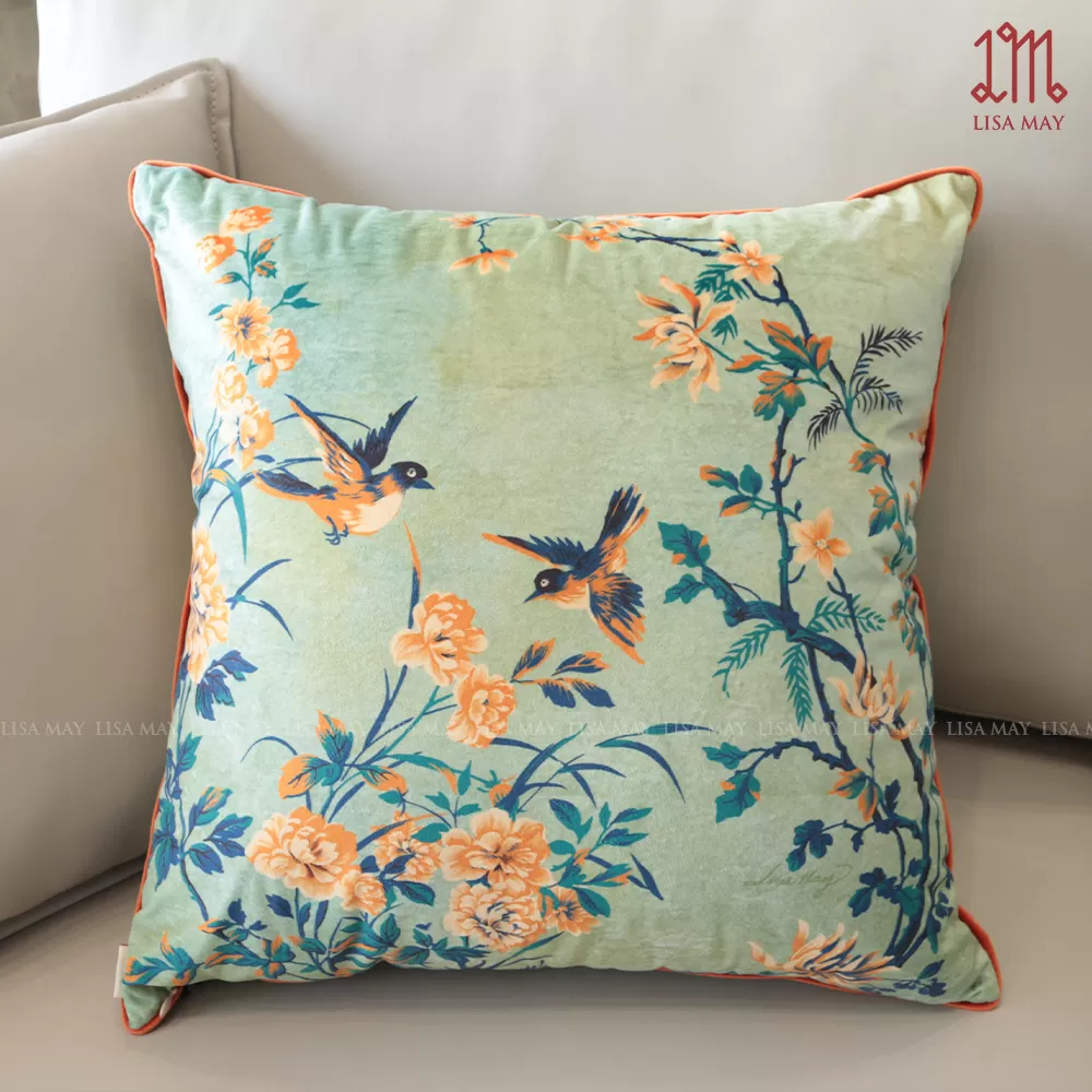 Gối vuông thiết kế họa tiết hoa mẫu đơn vàng (DG-BV01b)