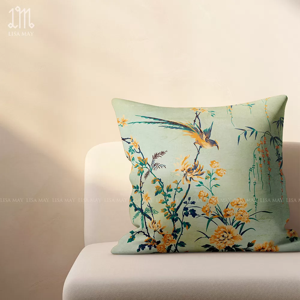 Gối vuông thiết kế họa tiết hoa mẫu đơn vàng (DG-BV01c)