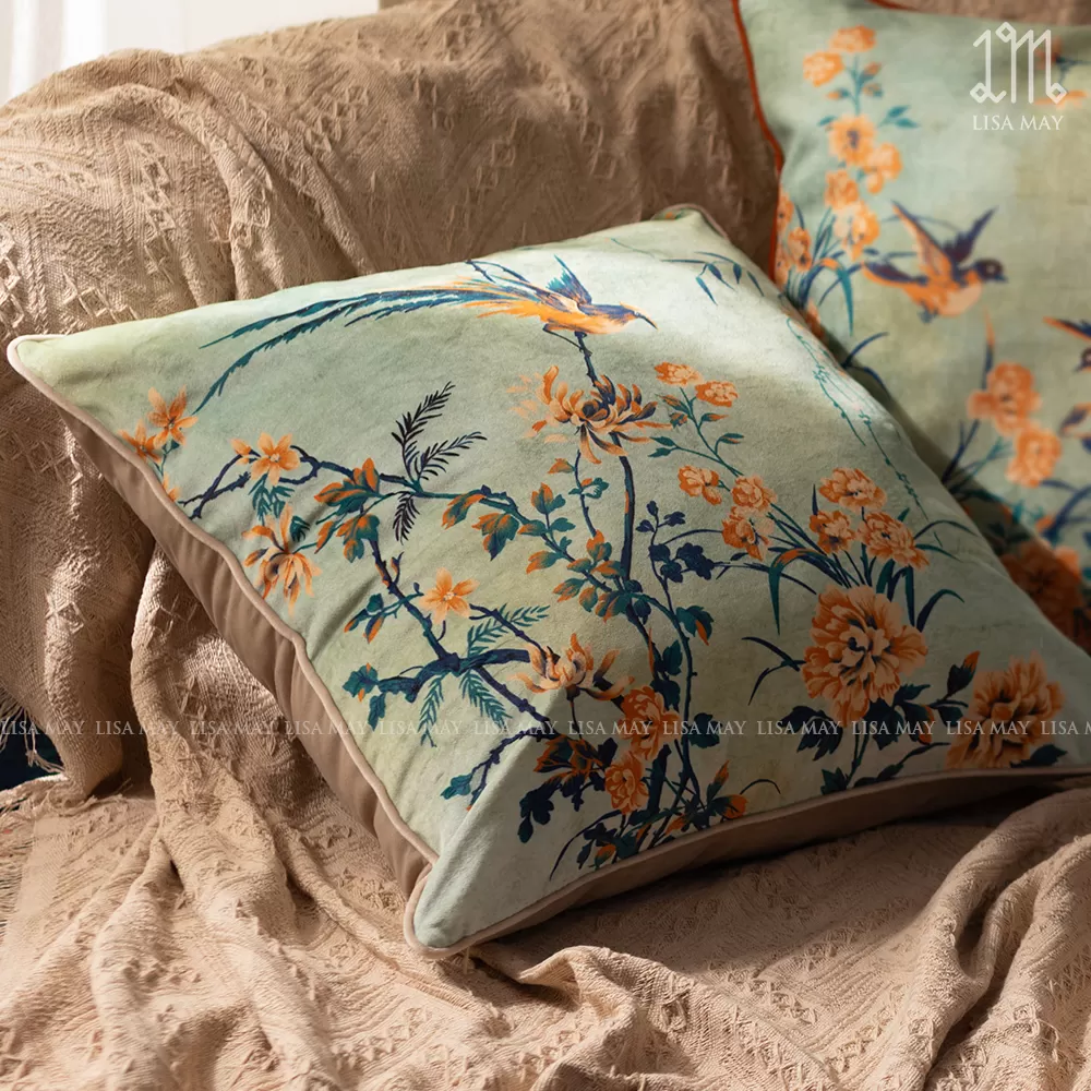 Gối vuông thiết kế họa tiết hoa mẫu đơn vàng (DG-BV01c)