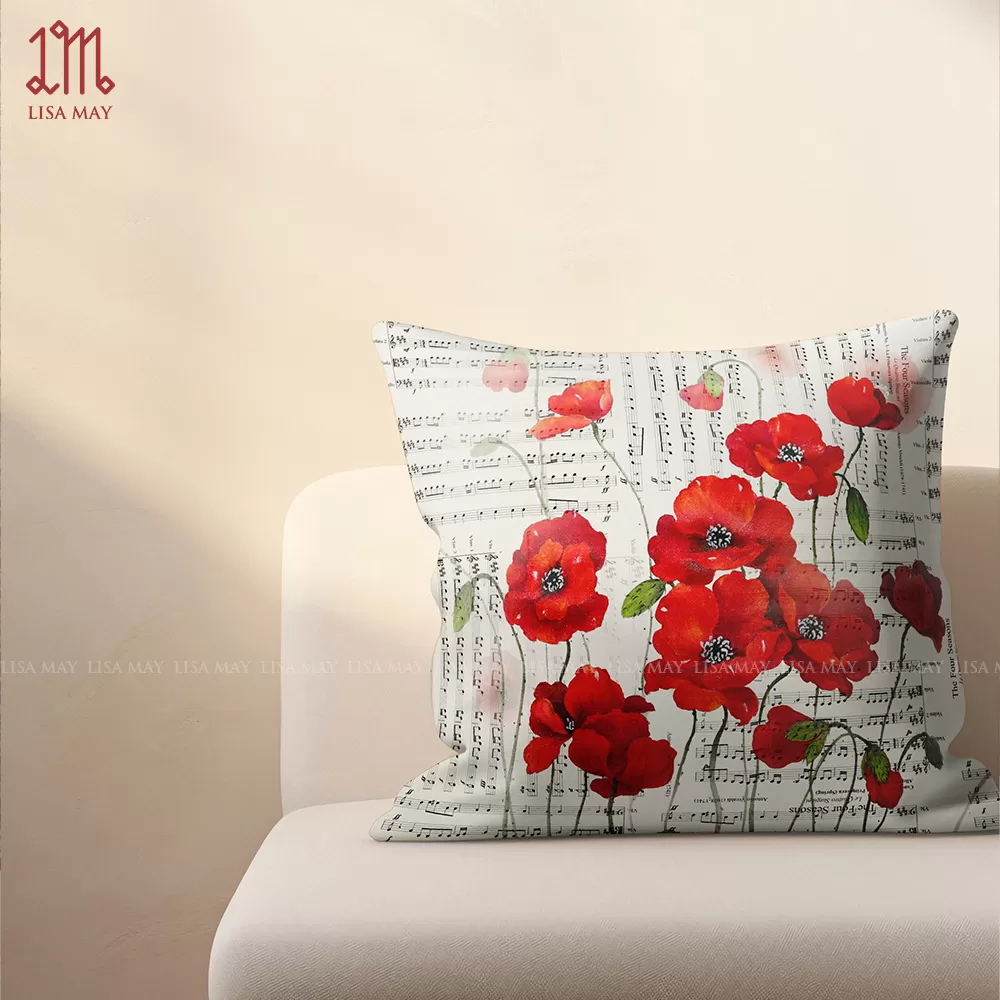 Gối vuông thiết kế họa tiết hoa poppy (DG-PP01a)