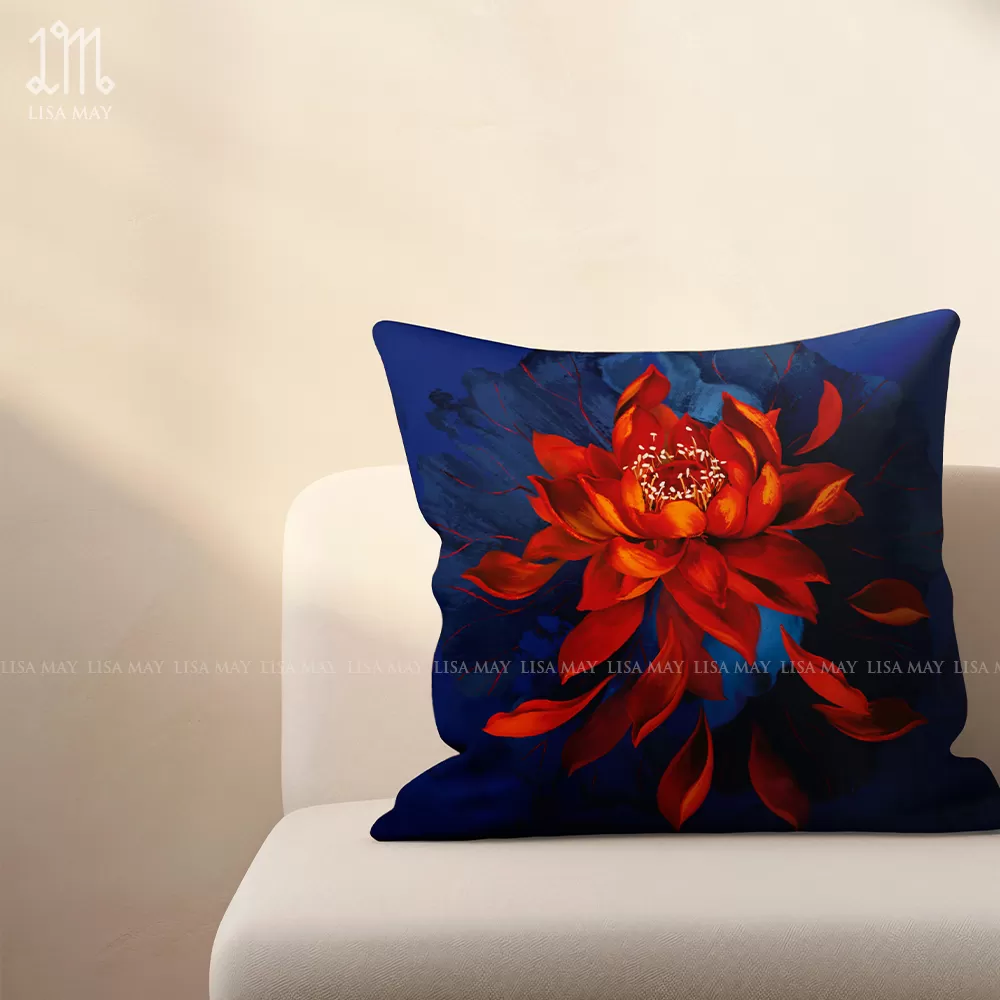 Gối vuông thiết kế họa tiết hoa sen đỏ (DG-SD01d)